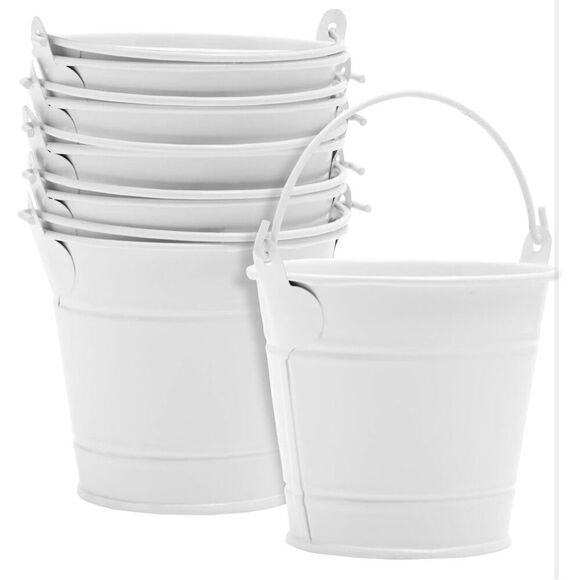 Celebrate it Dresses & Skirts - New 6 White Metal Tins Little 2.25”H Buckets w/ Handle Party / Wedding Favor Kit